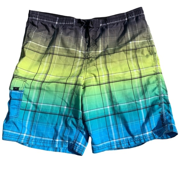 O'Neill Men's L Plaid Ombre Green Blue Swim Trunks | Board Shorts - Picture 1 of 8